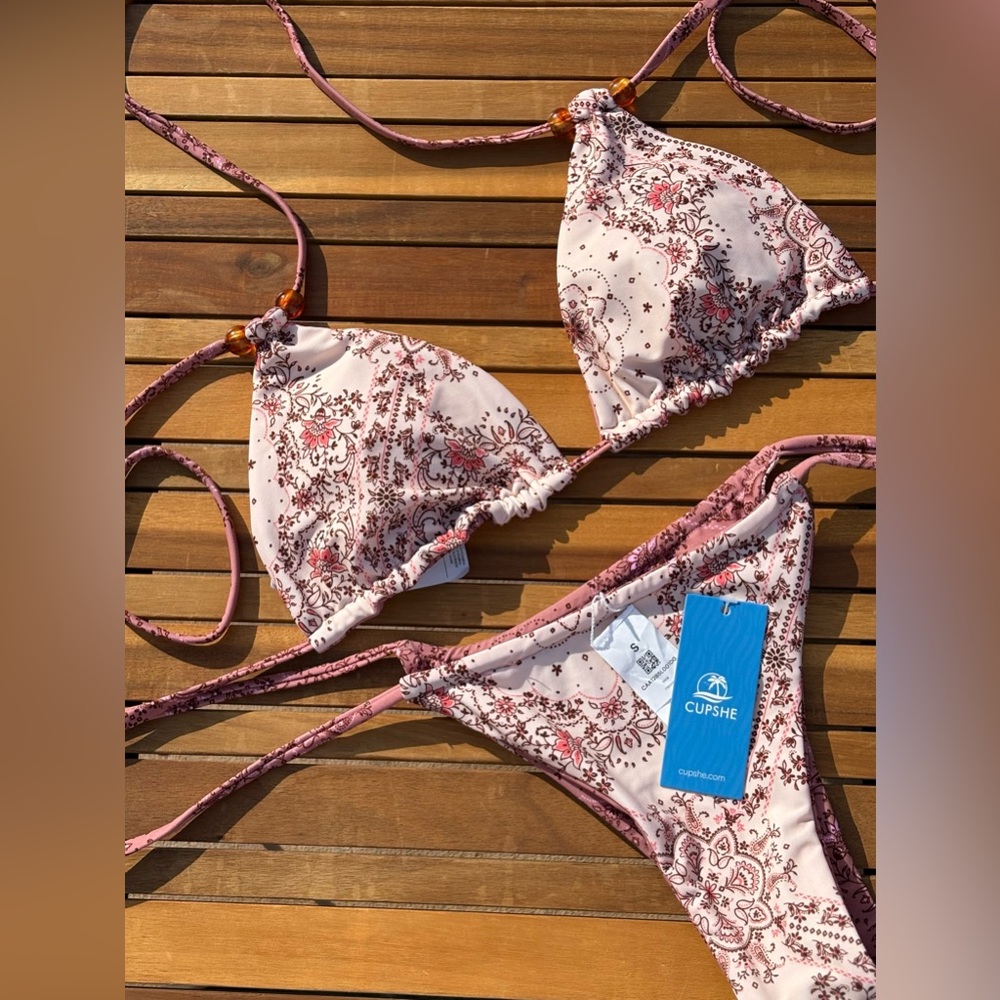 SMALL NWT Paisley Pink Blush Cream Mauve Reversible Adjustable String Bikini - Picture 5 of 10